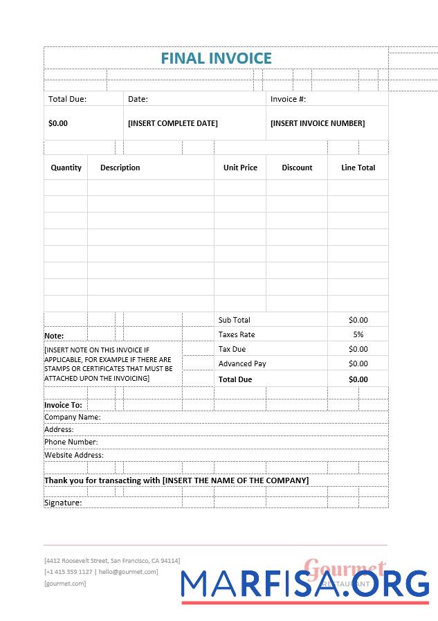 Printable Final Invoice Template